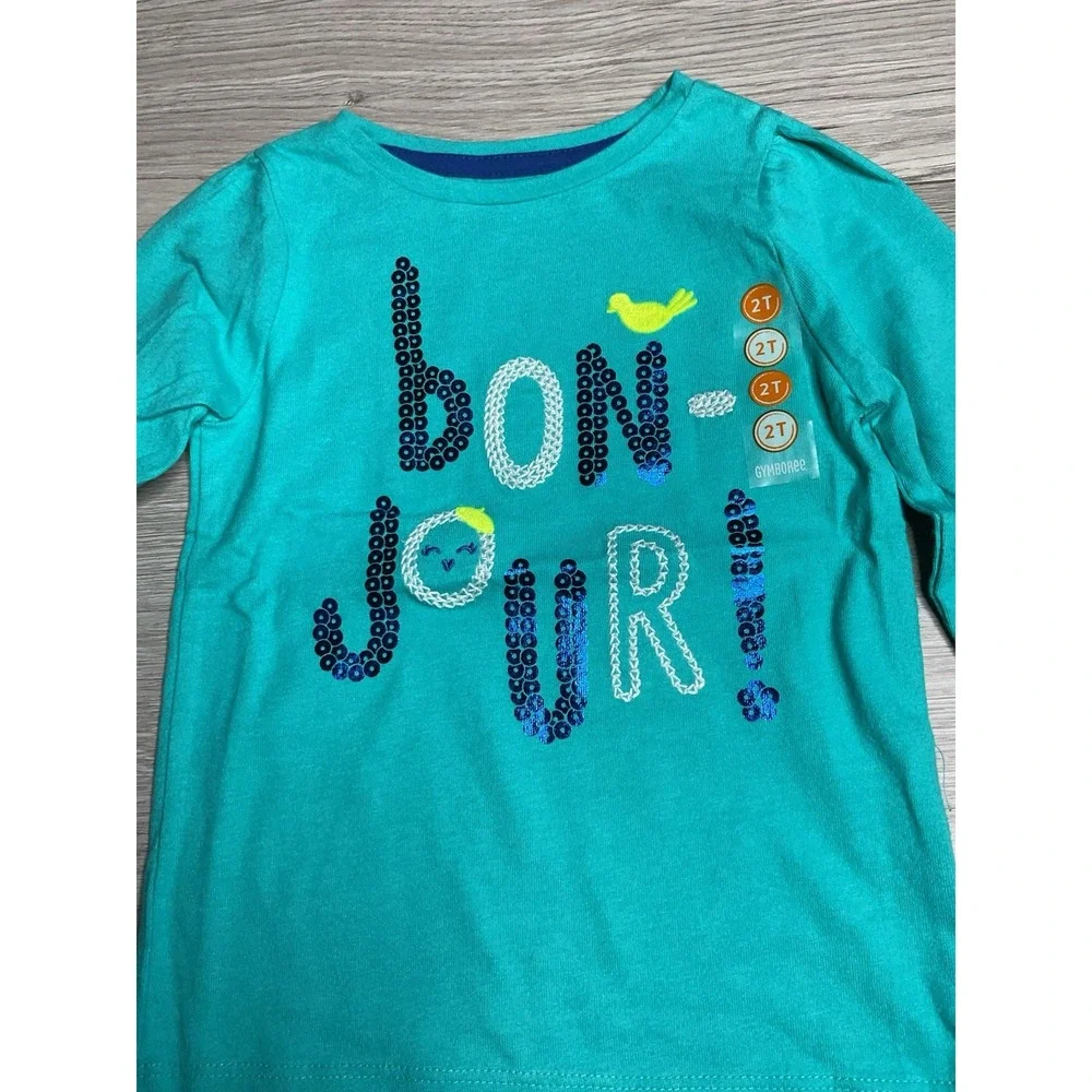Gymboree Girls Teal Sequin Bonjour Graphic Long Sleeve Tee‎ Shirt 2T NWT